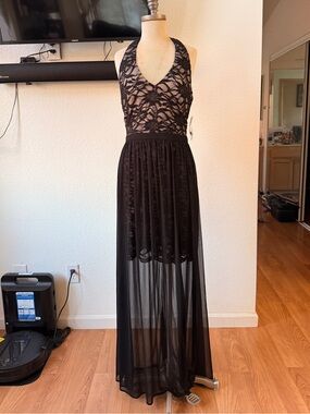 Morgan & Co. Black Lace Halter Maxi with Sheer Overlay